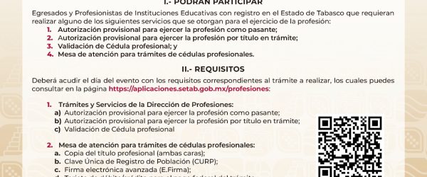 Convocatoria para el trámite de cédulas profesionales en Tenosique