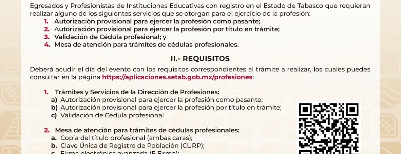 Convocatoria para el trámite de cédulas profesionales en Tenosique