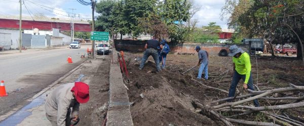 Trabajadores limpiando un área recreativa en Tenosique